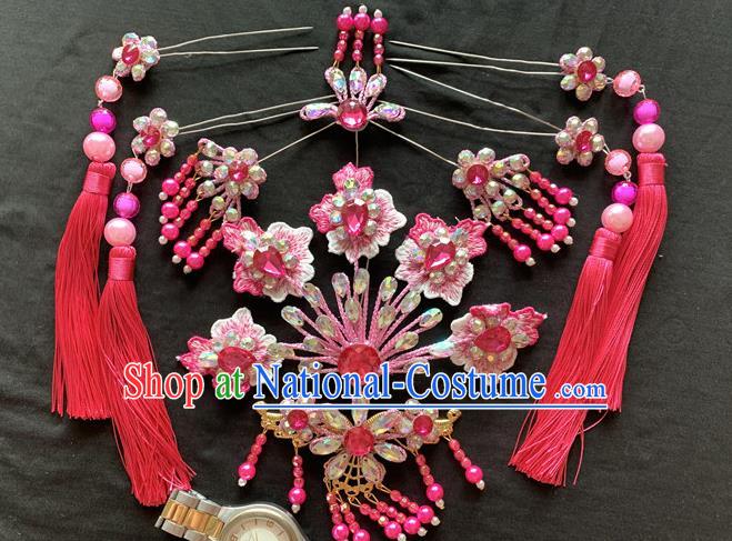 Chinese Peking Opera Diva Hair Accessories Traditional Opera Actress Headpieces Beijing Opera Princess Pink Phoenix Hair Crown and Hairpins