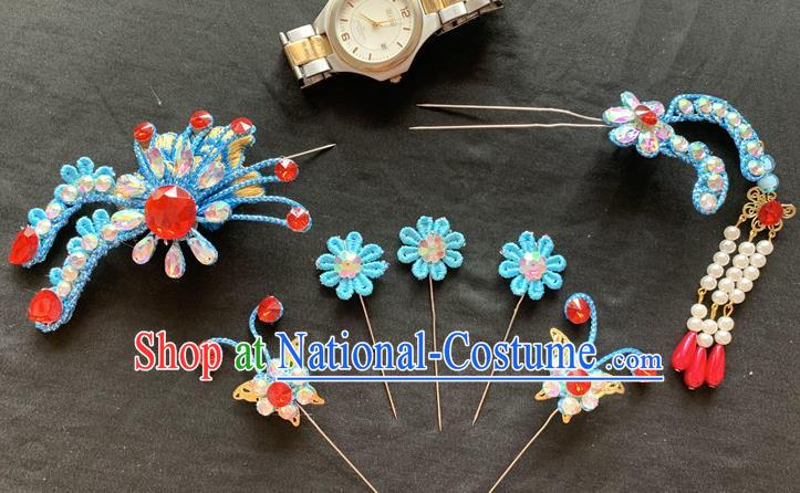 Chinese Beijing Opera Princess Blue Hairpins Peking Opera Diva Hair Accessories Traditional Opera Noble Lady Headpieces