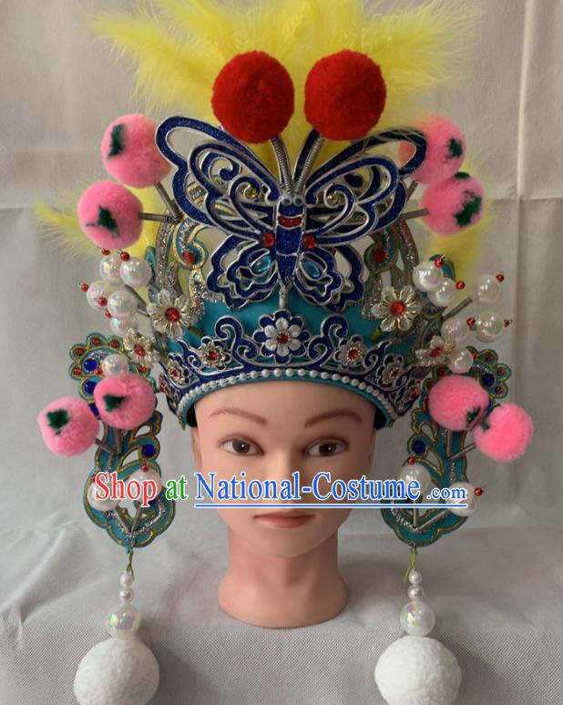 Chinese Peking Opera Swordswoman Blue Butterfly Helmet Traditional Opera Female General Headdress Beijing Opera Wudan Hat