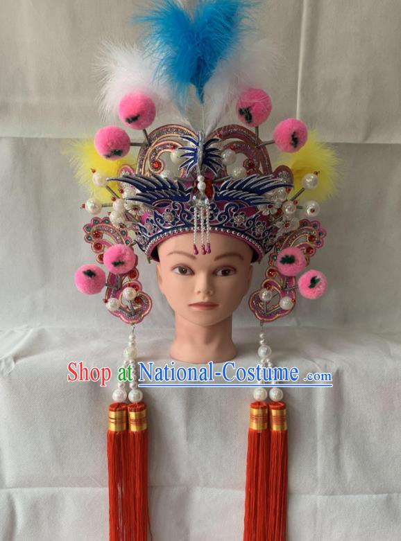 Chinese Beijing Opera Blues Feather Hat Peking Opera Swordswoman Pink Phoenix Helmet Traditional Opera Female General Headdress