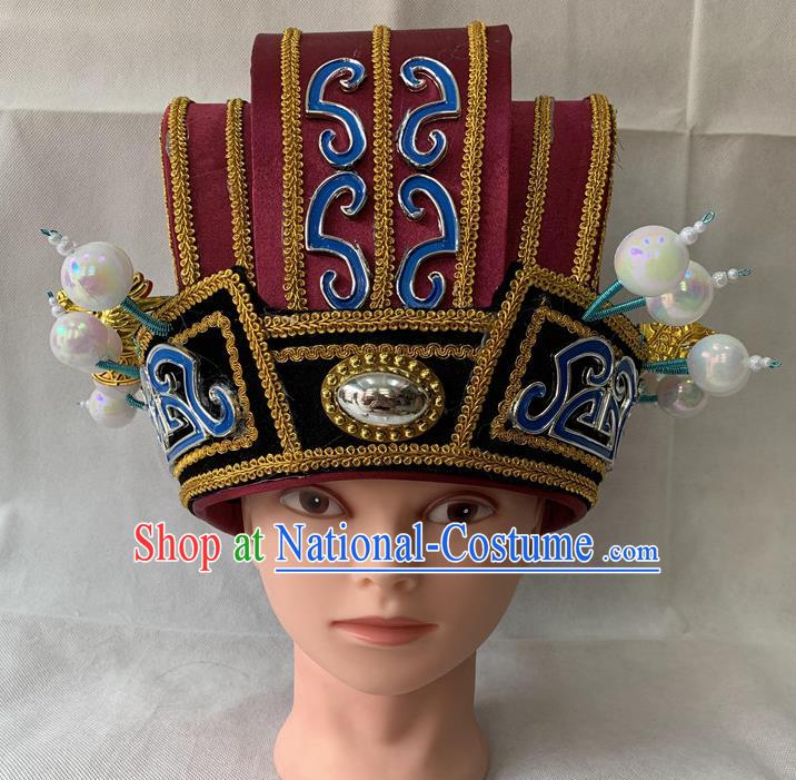 Handmade China Ancient Prime Minister Helmet Headdress Peking Opera Laosheng Wine Red Hat Beijing Opera Official Headwear