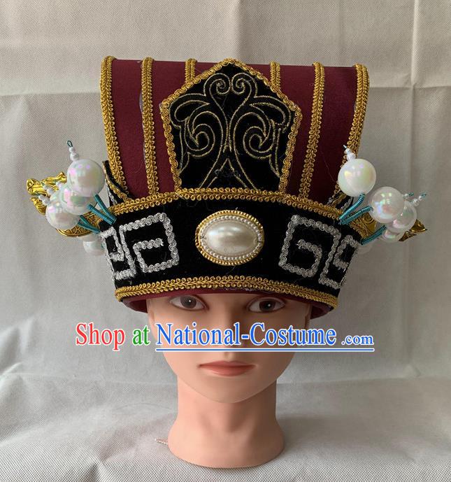 Handmade China Beijing Opera Official Headwear Ancient Prime Minister Helmet Headdress Peking Opera Laosheng Wine Red Hat