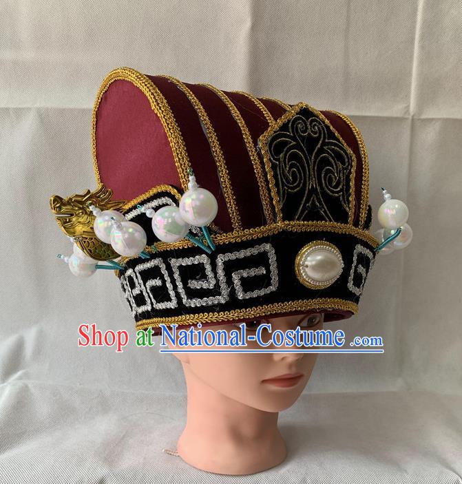 Handmade China Beijing Opera Official Headwear Ancient Prime Minister Helmet Headdress Peking Opera Laosheng Wine Red Hat