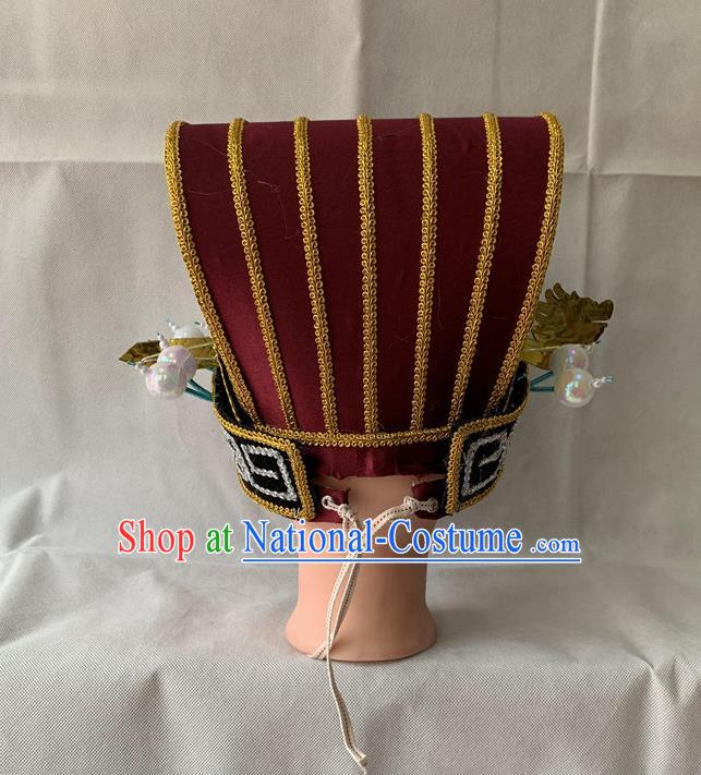 Handmade China Beijing Opera Official Headwear Ancient Prime Minister Helmet Headdress Peking Opera Laosheng Wine Red Hat