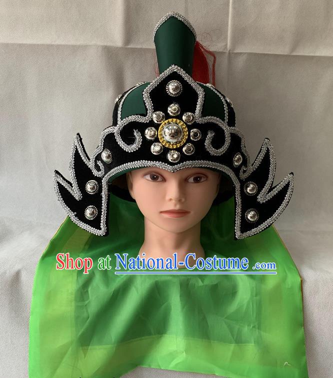 Handmade China Ancient General Green Helmet Headdress Peking Opera Wusheng Hat Beijing Opera Warrior Headwear