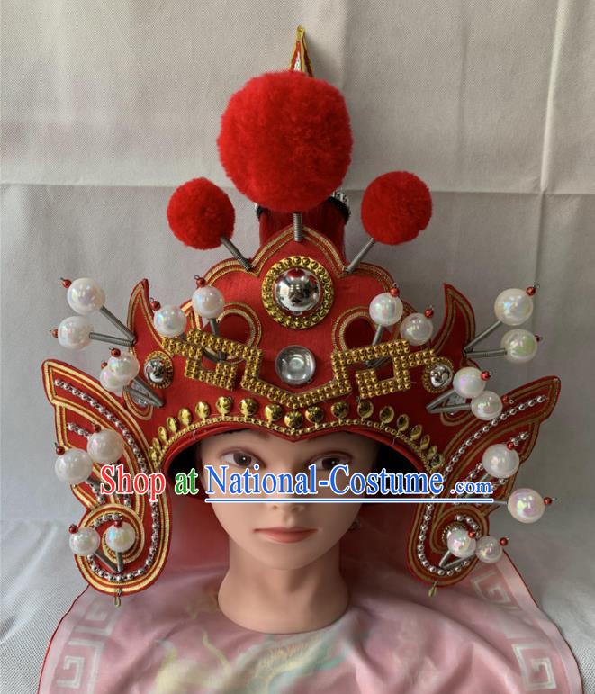 Handmade China Beijing Opera Warrior Headwear Ancient General Red Helmet Headdress Peking Opera Wusheng Hat