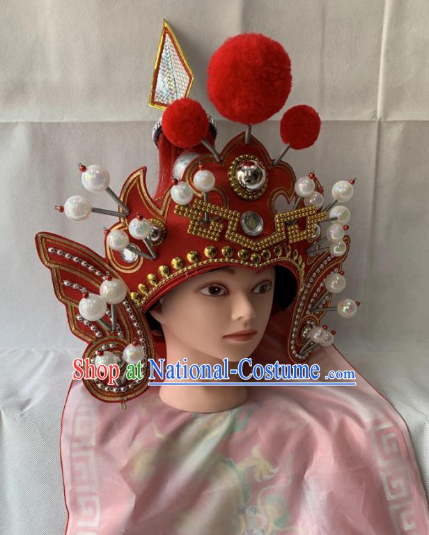 Handmade China Beijing Opera Warrior Headwear Ancient General Red Helmet Headdress Peking Opera Wusheng Hat