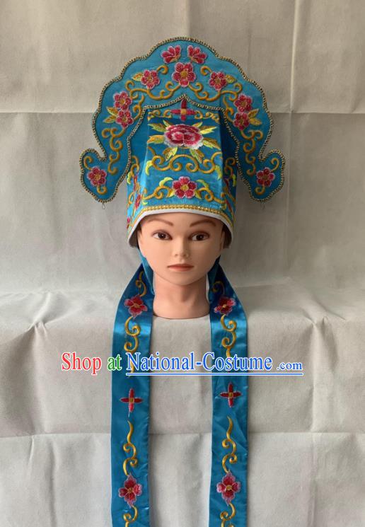 Handmade China Peking Opera Xiaosheng Embroidered Blue Hat Beijing Opera Niche Headwear Ancient Scholar Helmet Headdress