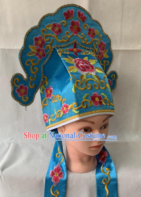 Handmade China Peking Opera Xiaosheng Embroidered Blue Hat Beijing Opera Niche Headwear Ancient Scholar Helmet Headdress