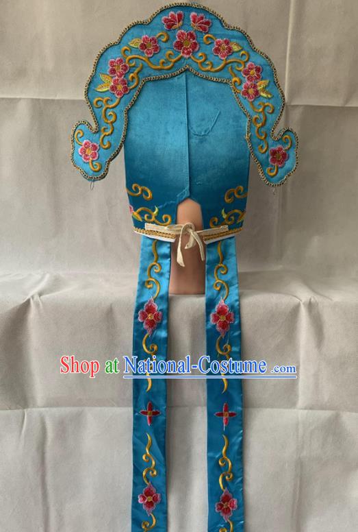 Handmade China Peking Opera Xiaosheng Embroidered Blue Hat Beijing Opera Niche Headwear Ancient Scholar Helmet Headdress