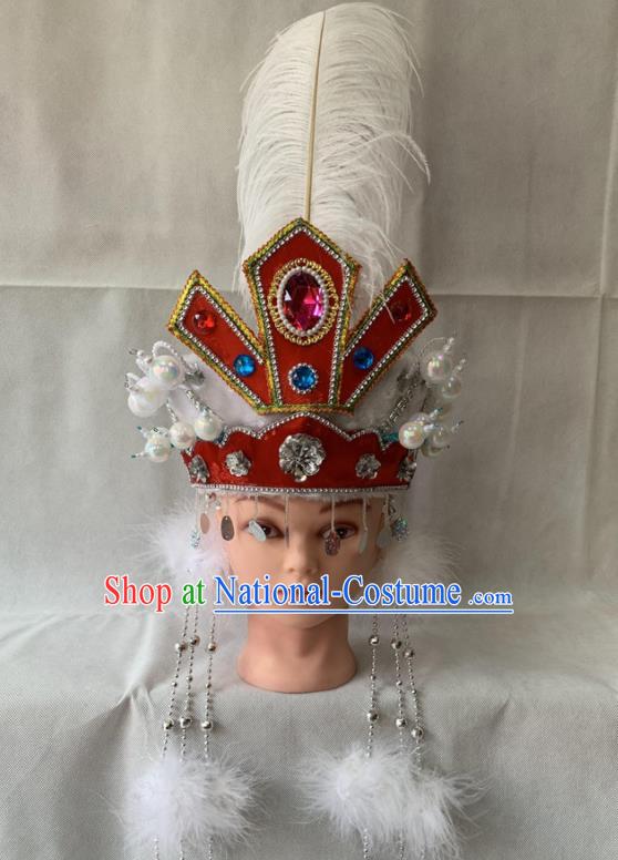 Chinese Traditional Opera Princess Headdress Beijing Opera Hua Tan Red Hat Peking Opera Diva Feather Hair Accessories