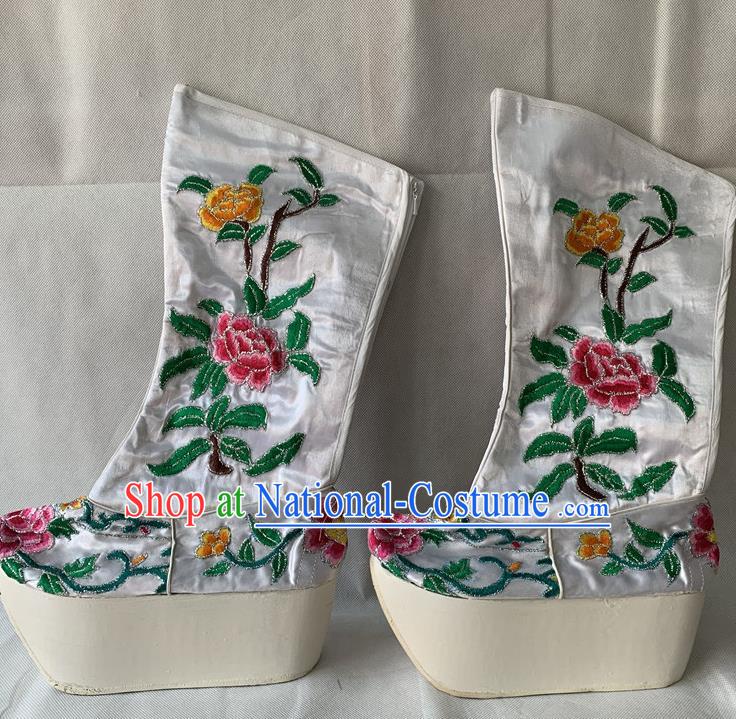 Chinese Traditional Opera Emperor Embroidered Shoes Beijing Opera Xiaosheng Shoes Peking Opera White Official Boots