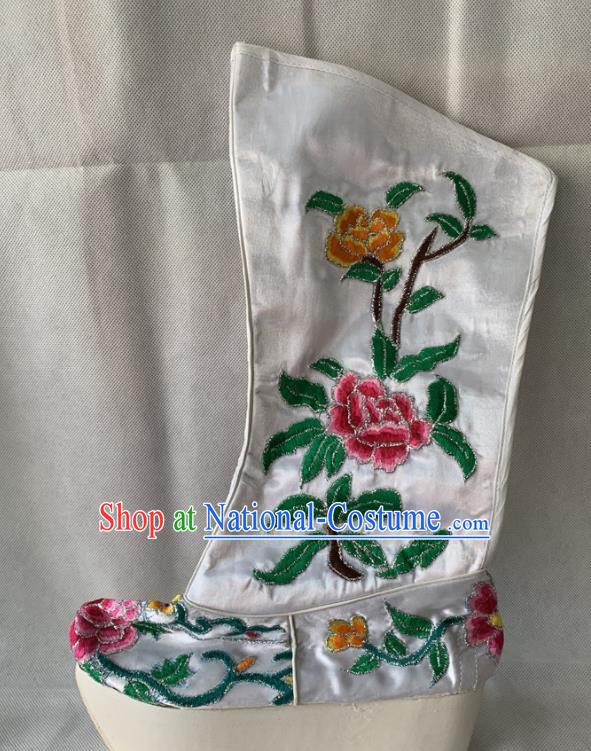 Chinese Traditional Opera Emperor Embroidered Shoes Beijing Opera Xiaosheng Shoes Peking Opera White Official Boots