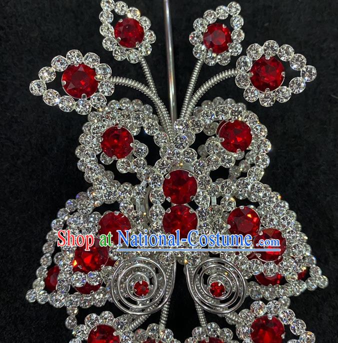 Chinese Traditional Opera Princess Red Butterfly Hairpin Beijing Opera Hua Tan Hair Accessories Peking Opera Actress Crystal Hair Crown