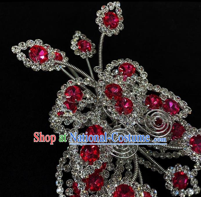 Chinese Peking Opera Actress Crystal Hair Crown Traditional Opera Princess Rosy Butterfly Hairpin Beijing Opera Hua Tan Hair Accessories