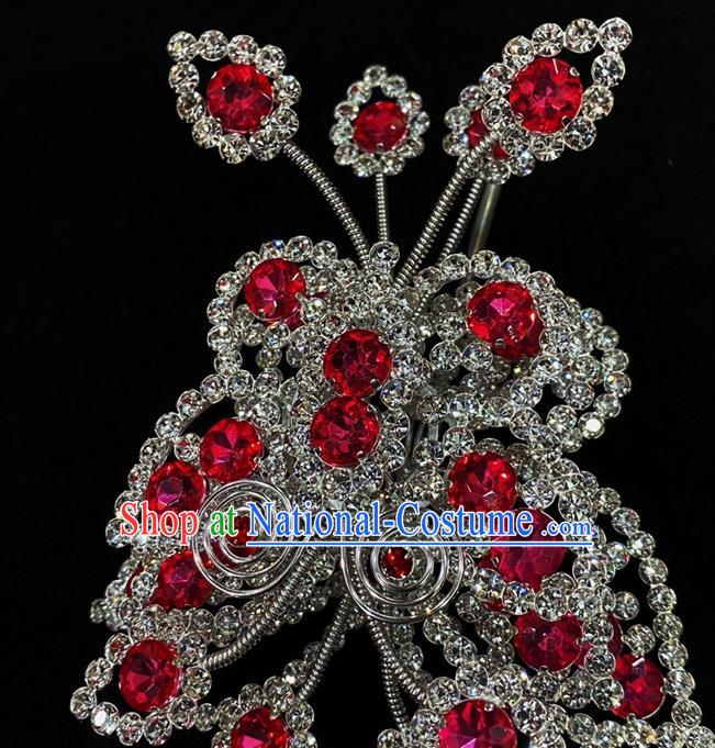 Chinese Peking Opera Actress Crystal Hair Crown Traditional Opera Princess Rosy Butterfly Hairpin Beijing Opera Hua Tan Hair Accessories