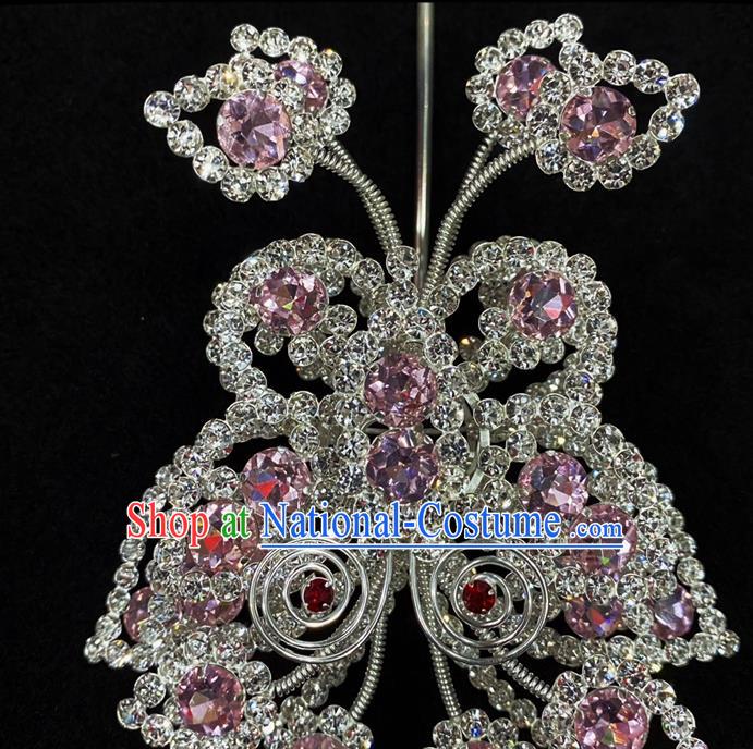 Chinese Traditional Opera Diva Pink Butterfly Hairpin Beijing Opera Hua Tan Hair Accessories Peking Opera Princess Crystal Hair Crown