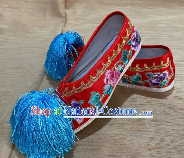 Handmade China Ancient Princess Shoes Peking Opera Hua Tan Red Satin Shoes Beijing Opera Actress Shoes Wedding Embroidered Shoes