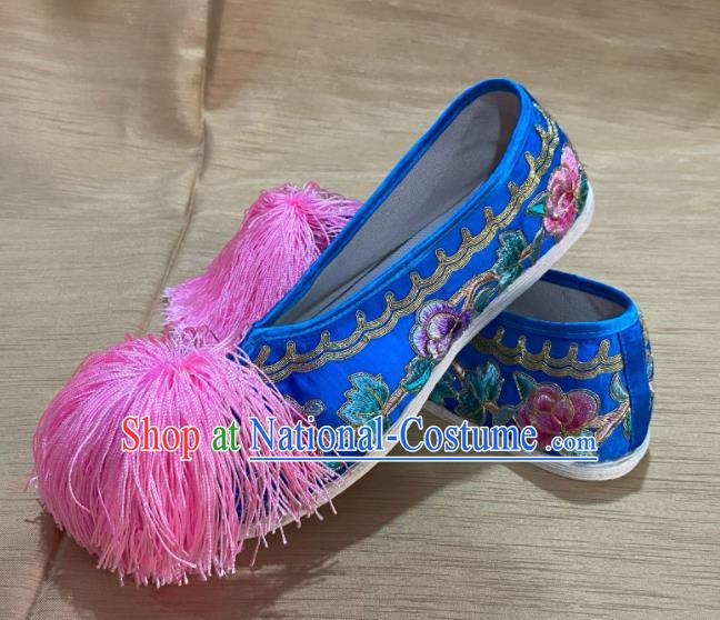 Handmade China Wedding Embroidered Shoes Ancient Princess Shoes Peking Opera Hua Tan Royalblue Satin Shoes Beijing Opera Actress Shoes