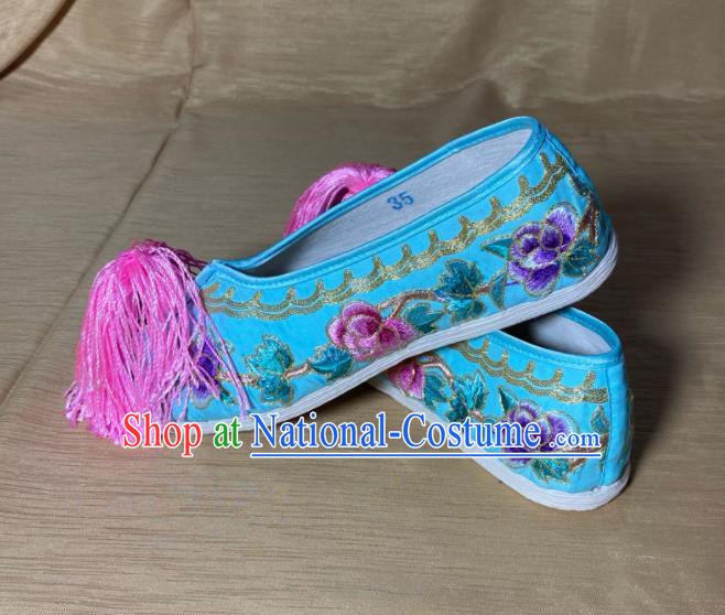 Handmade China Ancient Bride Shoes Peking Opera Princess Blue Satin Shoes Beijing Opera Hua Tan Shoes Wedding Embroidered Shoes