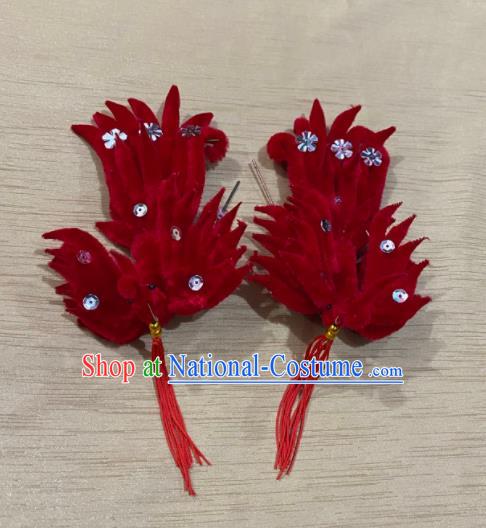 Chinese Traditional Opera Empress Red Velvet Phoenix Hairpin Beijing Opera Hua Tan Hair Accessories Peking Opera Imperial Concubine Hair Stick