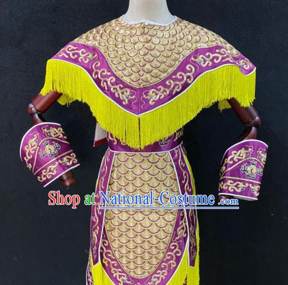 Chinese Peking Opera Swordsman Purple Armor Uniforms Traditional Opera Soldier Clothing Beijing Opera Wusheng Garment Costumes