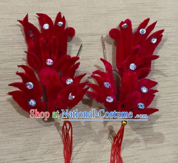 Chinese Traditional Opera Diva Red Velvet Phoenix Hairpin Beijing Opera Hua Tan Hair Accessories Peking Opera Empress Hair Stick