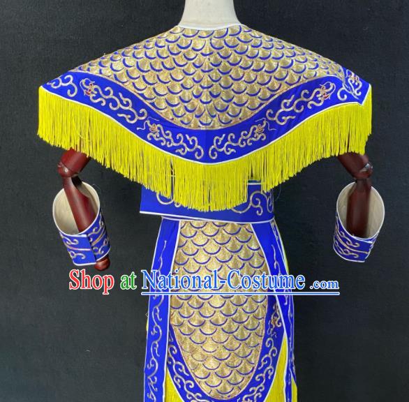 Chinese Beijing Opera Wusheng Garment Costumes Peking Opera Swordsman Royalblue Armor Uniforms Traditional Opera Soldier Clothing