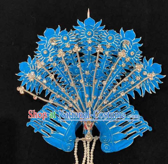 Chinese Peking Opera Empress Blue Phoenix Hair Crown Traditional Opera Diva Hairpin Beijing Opera Hua Tan Hair Accessories