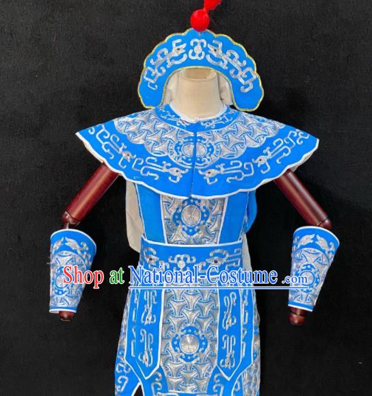 Chinese Traditional Opera Soldier Clothing Beijing Opera Wusheng Garment Costumes Peking Opera Swordsman Blue Armor Uniforms