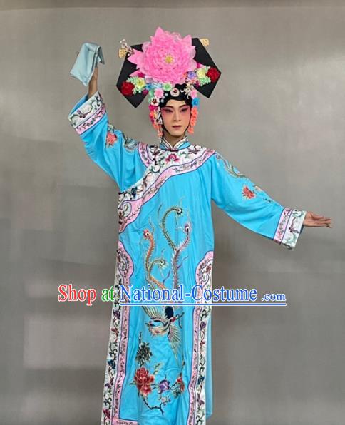 China Beijing Opera Empress Embroidered Blue Dress Traditional Opera Court Beauty Garment Costume Ancient Princess Clothing and Great Wing Headdress