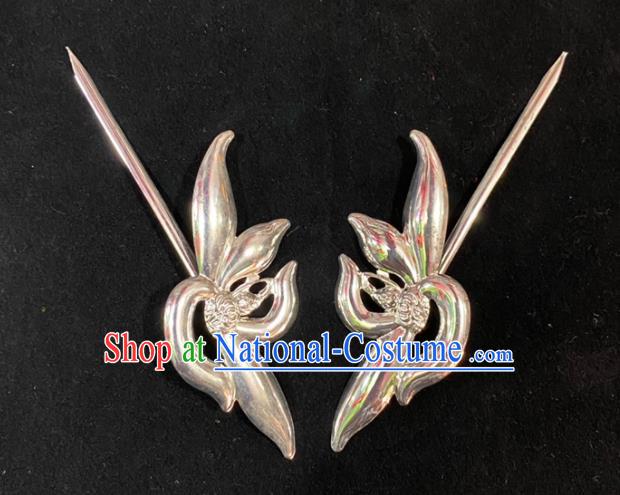 Chinese Traditional Opera Actress Argent Orchids Hairpin Beijing Opera Diva Hair Accessories Peking Opera Noble Lady Hair Stick