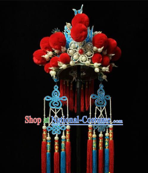 Chinese Traditional Opera Female General Headdress Beijing Opera Blues Hair Accessories Peking Opera Mu Guiying Phoenix Coronet