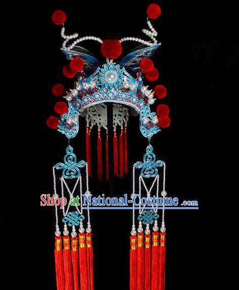 Chinese Traditional Opera Swordswoman Helmet Beijing Opera Wudan Hair Accessories Peking Opera Blues Phoenix Coronet