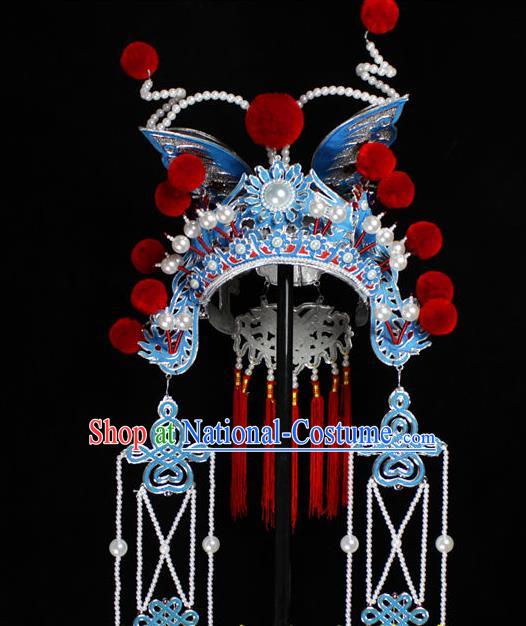 Chinese Traditional Opera Swordswoman Helmet Beijing Opera Wudan Hair Accessories Peking Opera Blues Phoenix Coronet