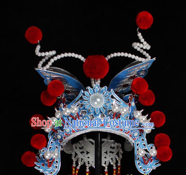 Chinese Traditional Opera Swordswoman Helmet Beijing Opera Wudan Hair Accessories Peking Opera Blues Phoenix Coronet