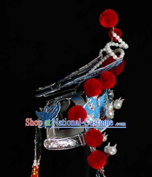 Chinese Traditional Opera Swordswoman Helmet Beijing Opera Wudan Hair Accessories Peking Opera Blues Phoenix Coronet