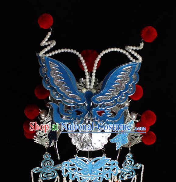 Chinese Traditional Opera Swordswoman Helmet Beijing Opera Wudan Hair Accessories Peking Opera Blues Phoenix Coronet