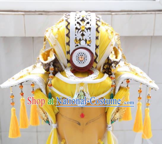 Handmade China Traditional Puppet Show Swordsman Headdress Ancient King Yellow Wigs Hairpieces Cosplay Emperor Hair Accessories