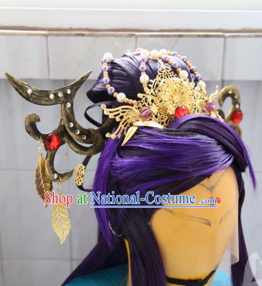 Chinese Ancient Taoist Nun Hair Accessories Cosplay Goddess Purple Wigs Headdress Traditional Puppet Show Swordswoman Hairpins Hairpieces