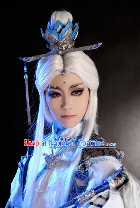 Handmade China Ancient Taoist Priest White Wigs and Lotus Hair Crown Hairpieces Cosplay Swordsman Hair Accessories Traditional Puppet Show Immortal Headdress