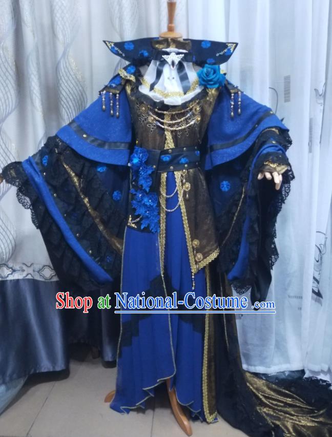 Chinese Ancient Demon King Blue Uniforms Traditional Cosplay Swordsman Clothing Puppet Show Emperor Gui Piaoling Garment Costumes