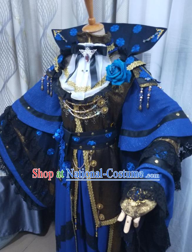 Chinese Ancient Demon King Blue Uniforms Traditional Cosplay Swordsman Clothing Puppet Show Emperor Gui Piaoling Garment Costumes