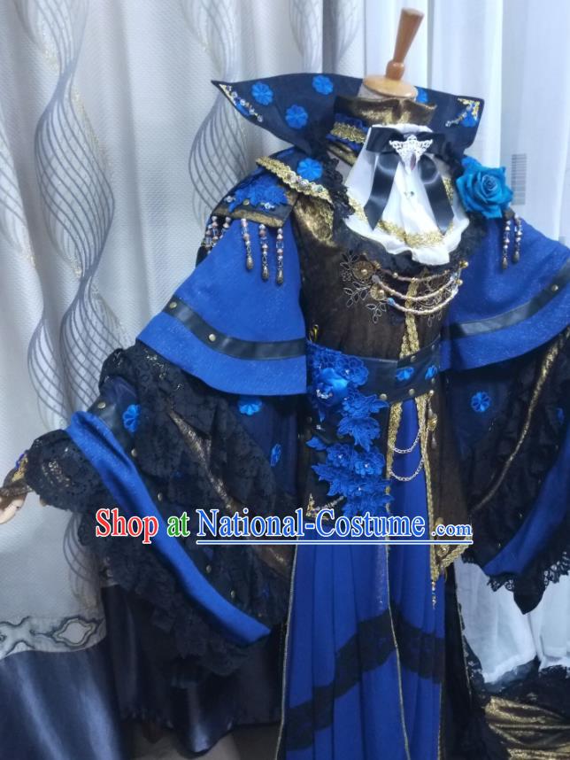 Chinese Ancient Demon King Blue Uniforms Traditional Cosplay Swordsman Clothing Puppet Show Emperor Gui Piaoling Garment Costumes