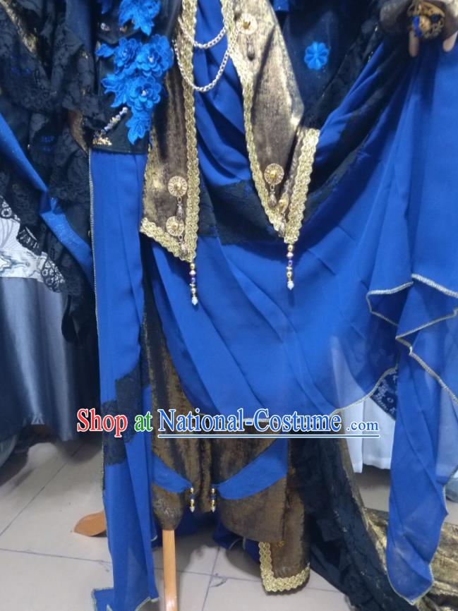 Chinese Ancient Demon King Blue Uniforms Traditional Cosplay Swordsman Clothing Puppet Show Emperor Gui Piaoling Garment Costumes