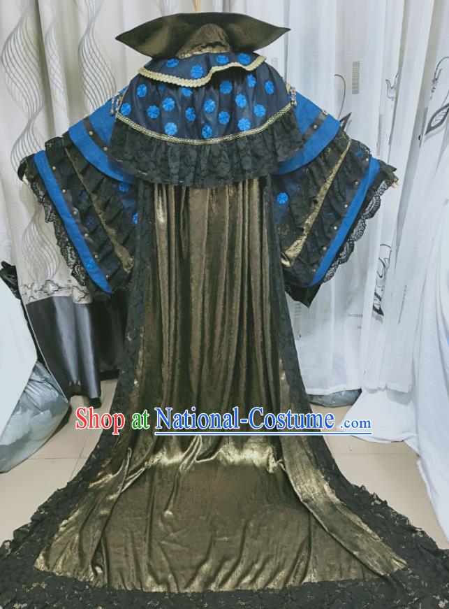 Chinese Ancient Demon King Blue Uniforms Traditional Cosplay Swordsman Clothing Puppet Show Emperor Gui Piaoling Garment Costumes