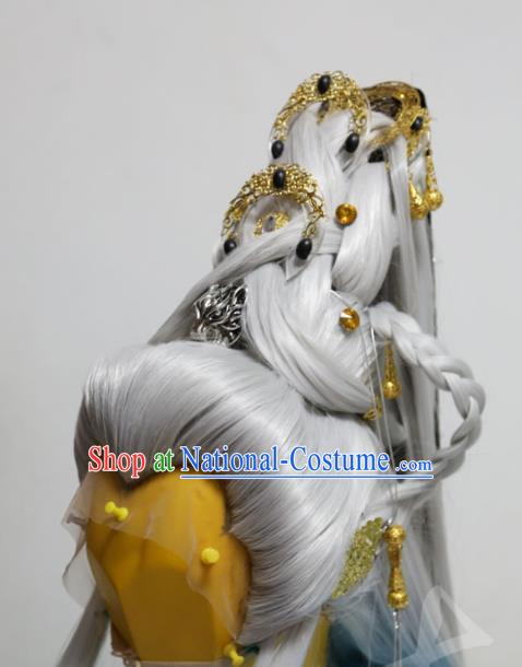 Handmade China Traditional Puppet Show Swordsman Headdress Ancient Taoist Priest Gray Wigs and Hair Crown Hairpieces Cosplay King Hair Accessories