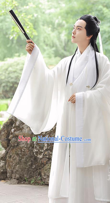 China Ming Dynasty Young Childe Garment Costumes Traditional Hanfu Historical Clothing Ancient Scholar White Dress Apparels