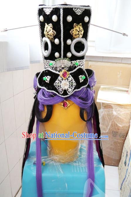 Handmade China Cosplay King Hair Accessories Traditional Puppet Show Swordsman Headdress Ancient Knight Purple Wigs and Hair Crown Hairpieces