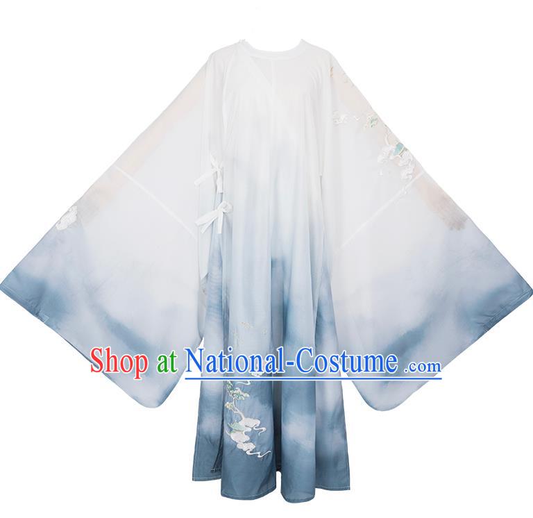 China Ancient Scholar Embroidered Blue Robe Ming Dynasty Prince Garment Costume Traditional Young Childe Historical Clothing